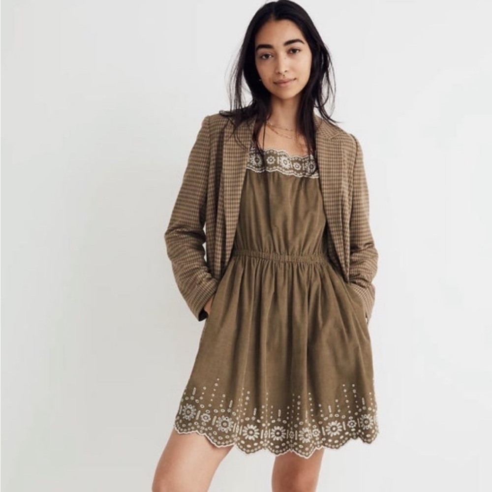 Madewell Embroidered Corduroy Square-Neck Mini Dress